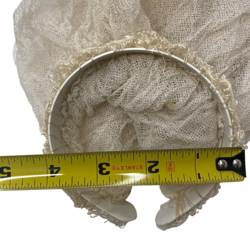 Antique Ivory Lace Christening Gauze Veil‎ Mantilla Floral Embroidery Beaded Cap